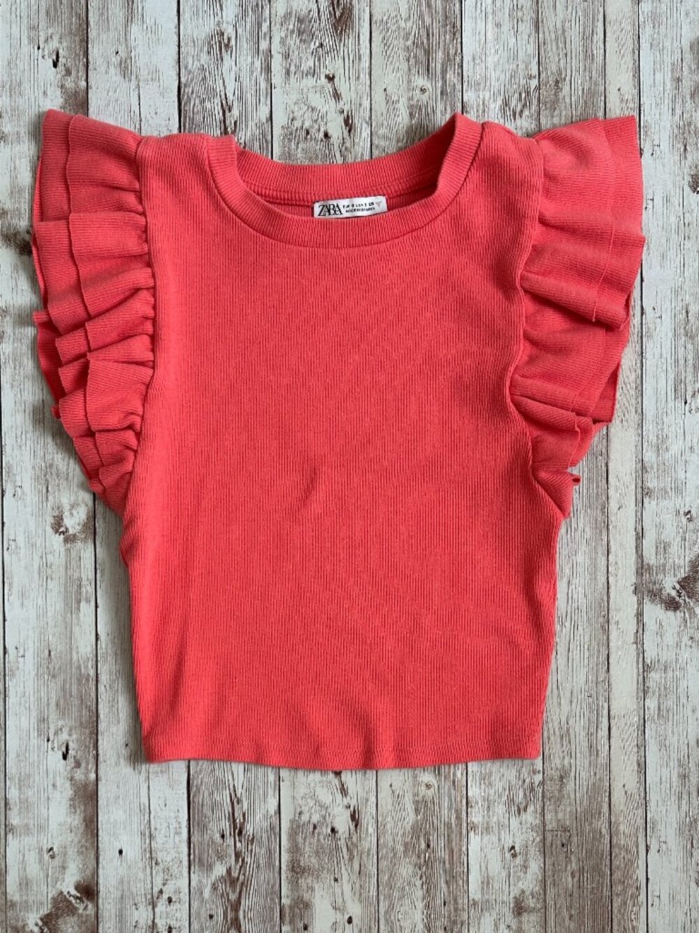 Zara Women's Crop Top sz Small Coral Ribbed Knit Ruffle Flutter Sleeve Blouse